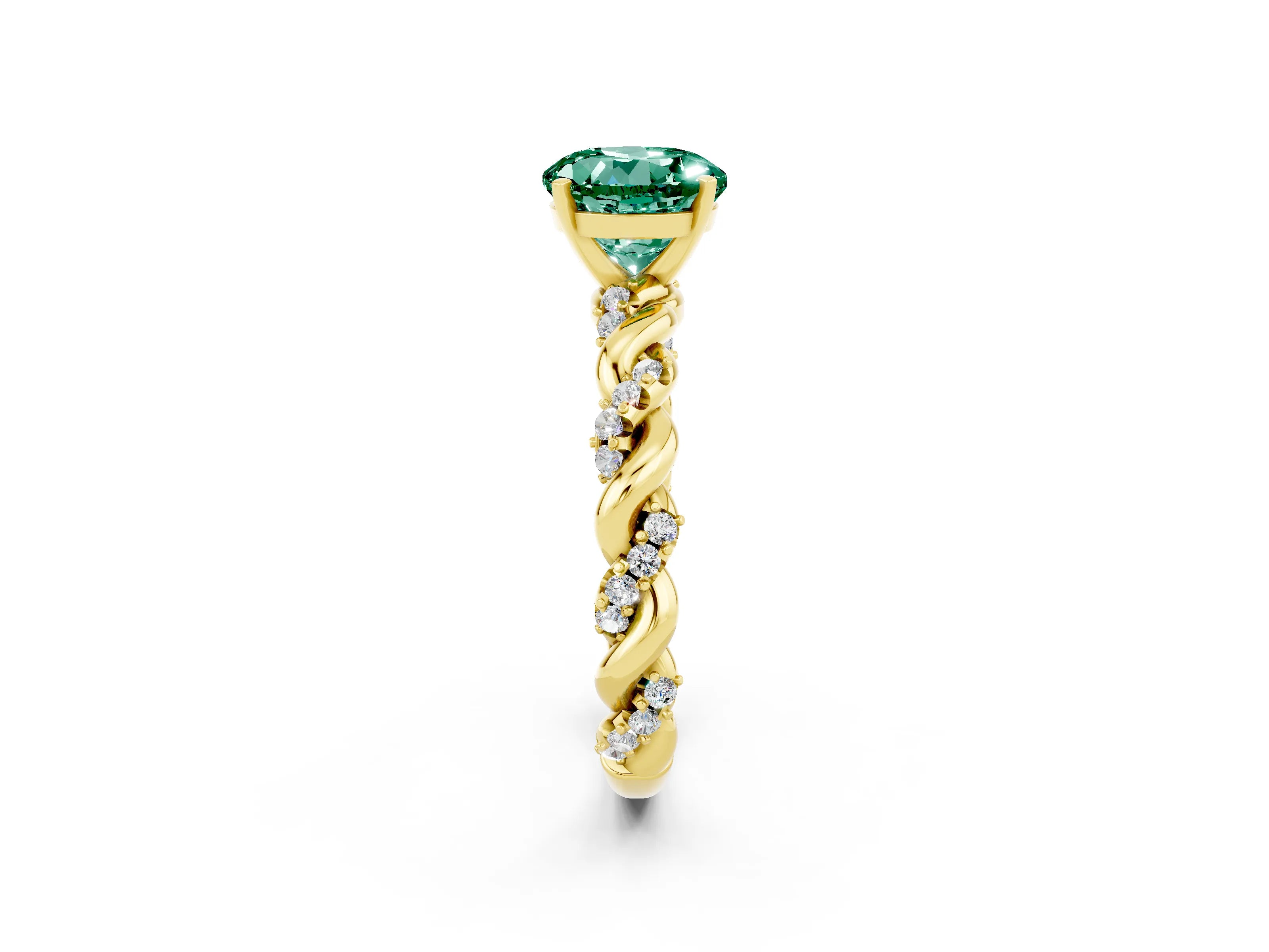 Yellow gold Round Cut Green Sapphire Solitaire Ring with Twisted Band and Pavé Accents_2