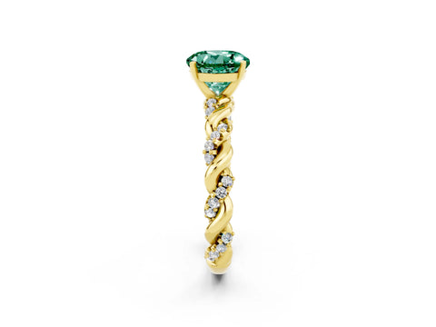 Yellow gold Round Cut Green Sapphire Solitaire Ring with Twisted Band and Pavé Accents_2