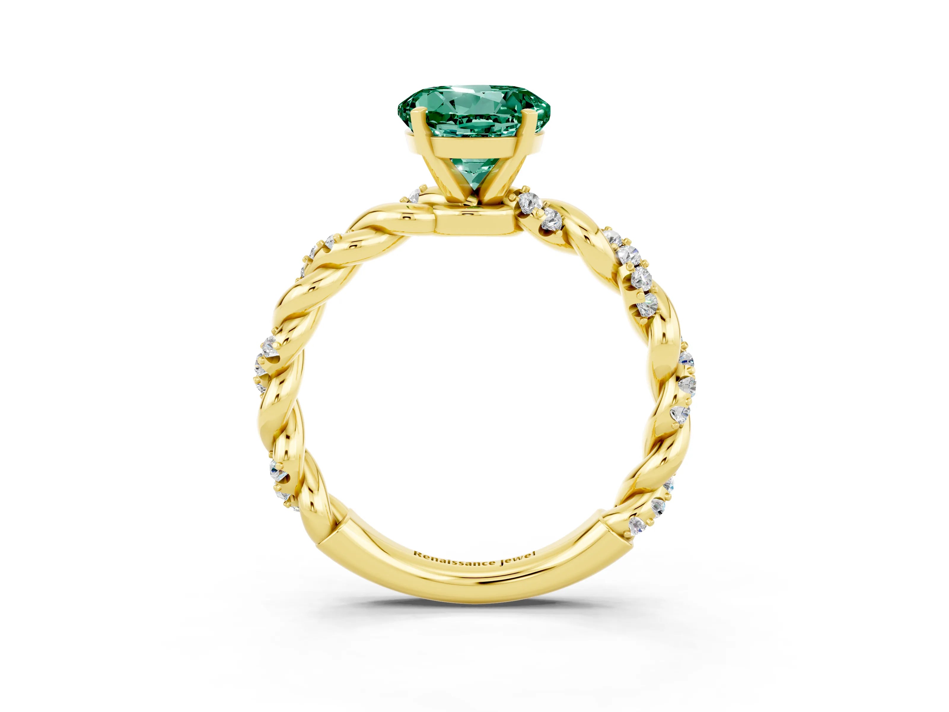 Yellow gold Round Cut Green Sapphire Solitaire Ring with Twisted Band and Pavé Accents_3
