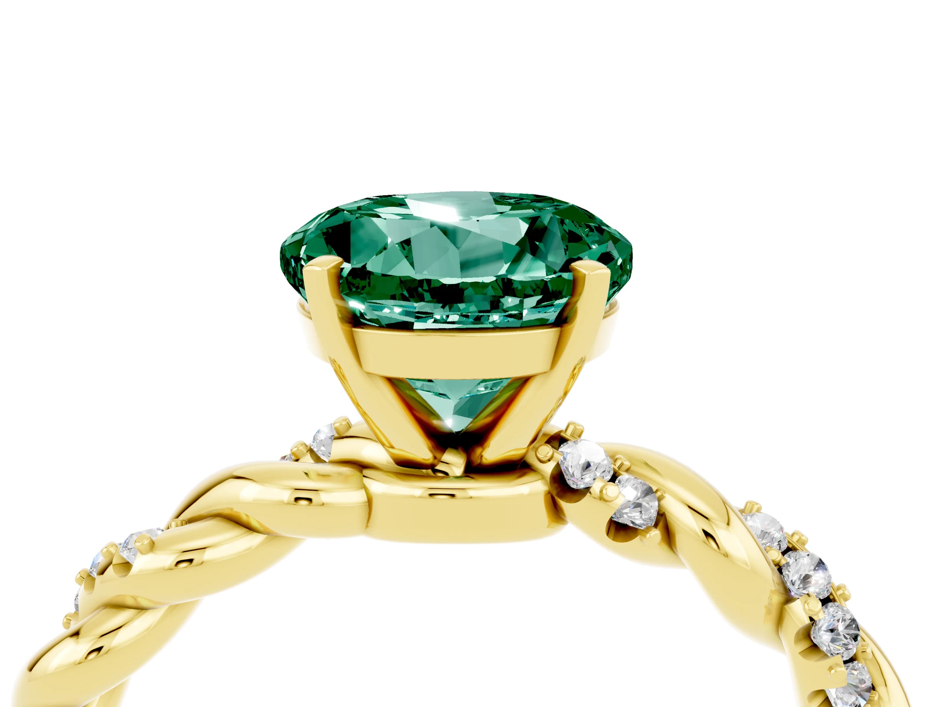 Yellow gold Round Cut Green Sapphire Solitaire Ring with Twisted Band and Pavé Accents_4