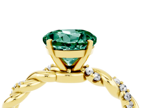 Yellow gold Round Cut Green Sapphire Solitaire Ring with Twisted Band and Pavé Accents_4