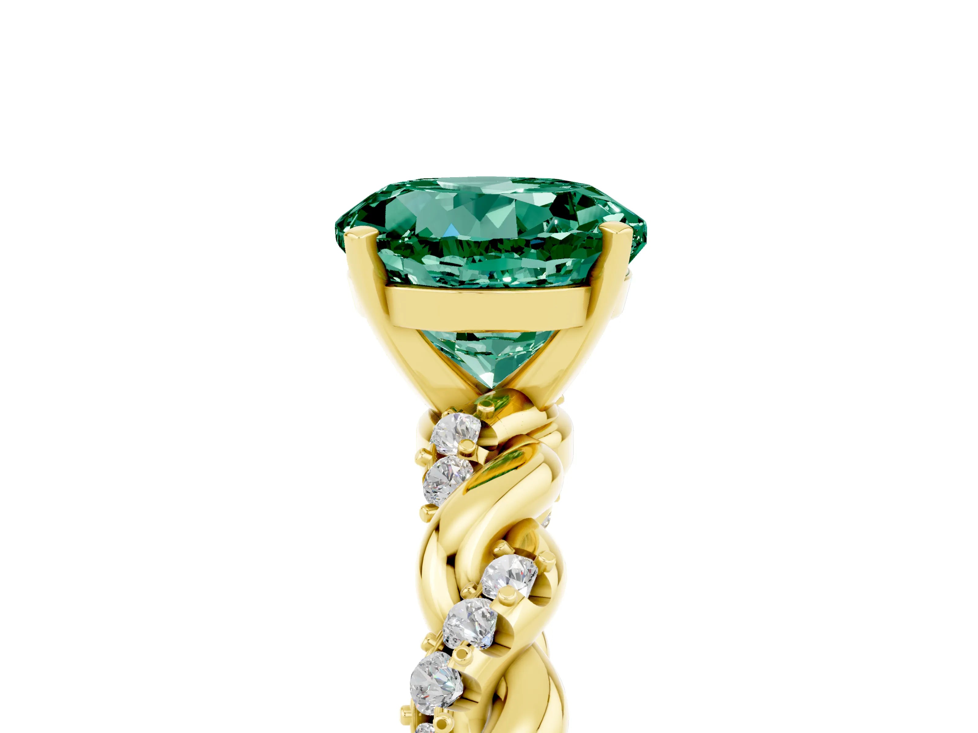 Yellow gold Round Cut Green Sapphire Solitaire Ring with Twisted Band and Pavé Accents_5