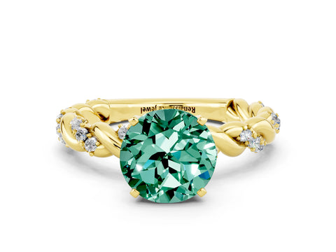 Yellow gold Round Cut Green Sapphire Solitaire Ring with Twisted Band and Pavé Accents