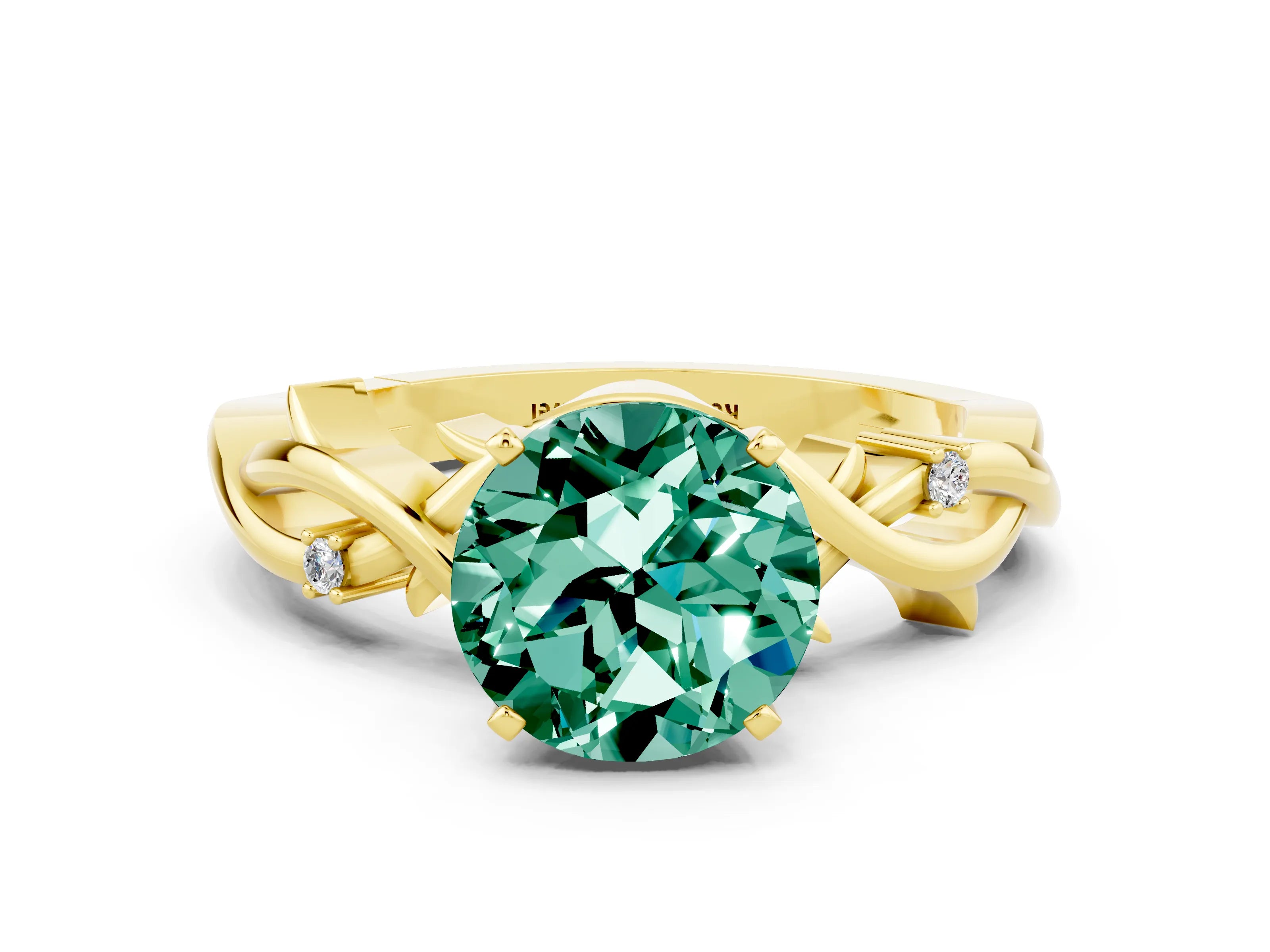 Yellow gold Round Cut Green Sapphire Solitaire Ring with Twisted Band and Prong Setting