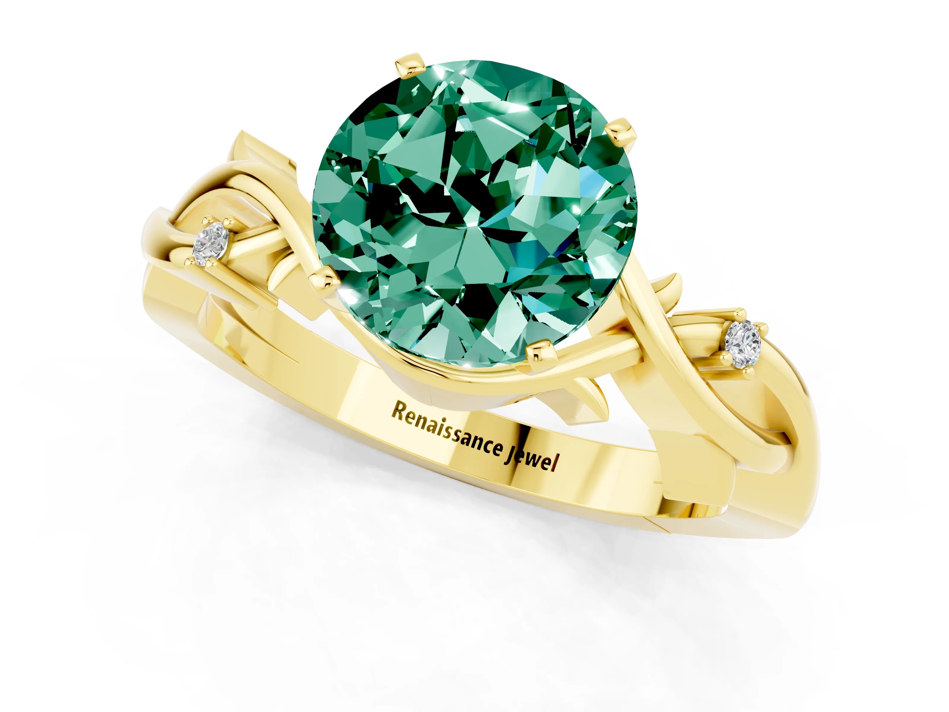 Yellow gold Round Cut Green Sapphire Solitaire Ring with Twisted Band and Prong Setting_1