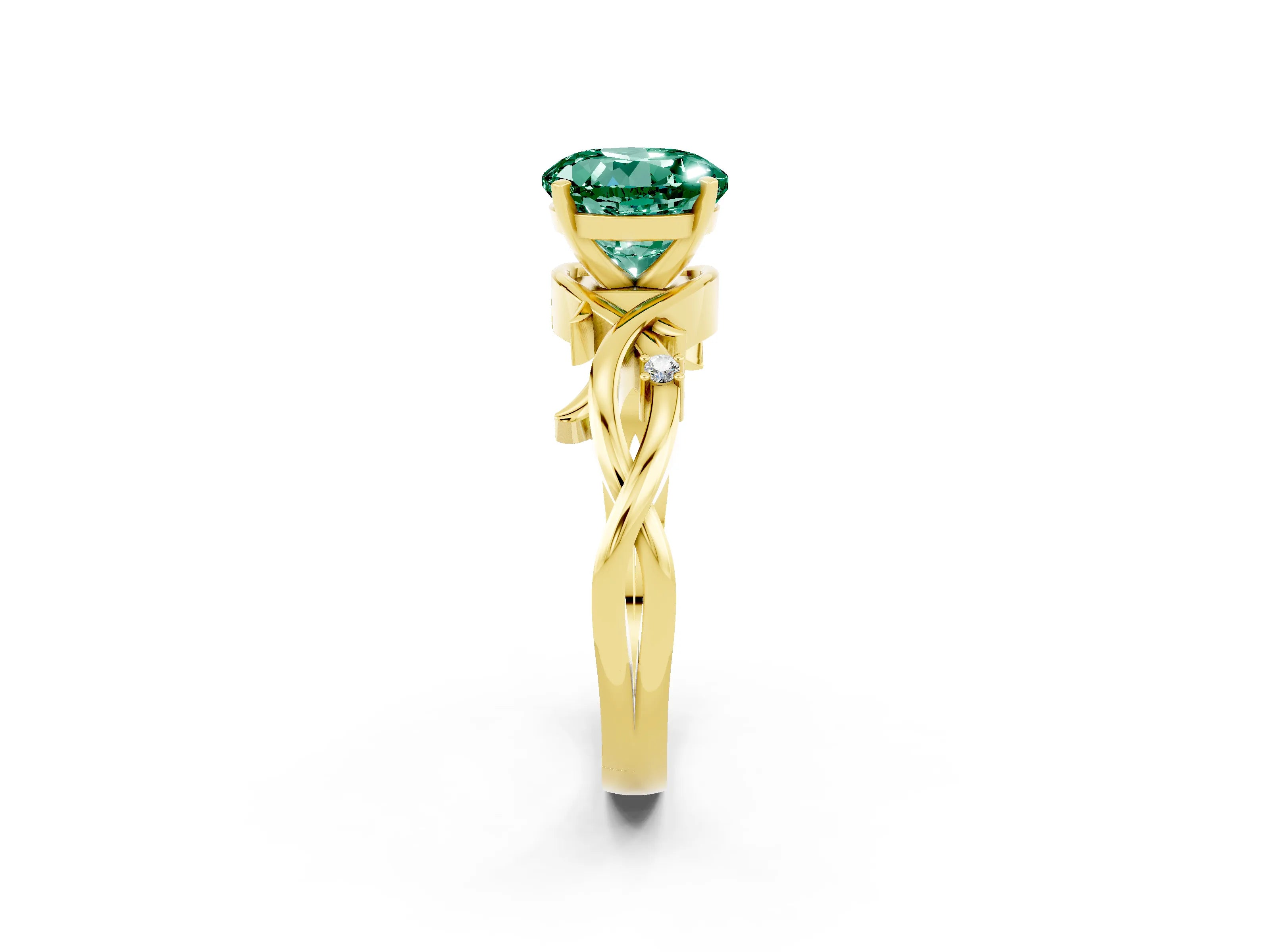 Yellow gold Round Cut Green Sapphire Solitaire Ring with Twisted Band and Prong Setting_2