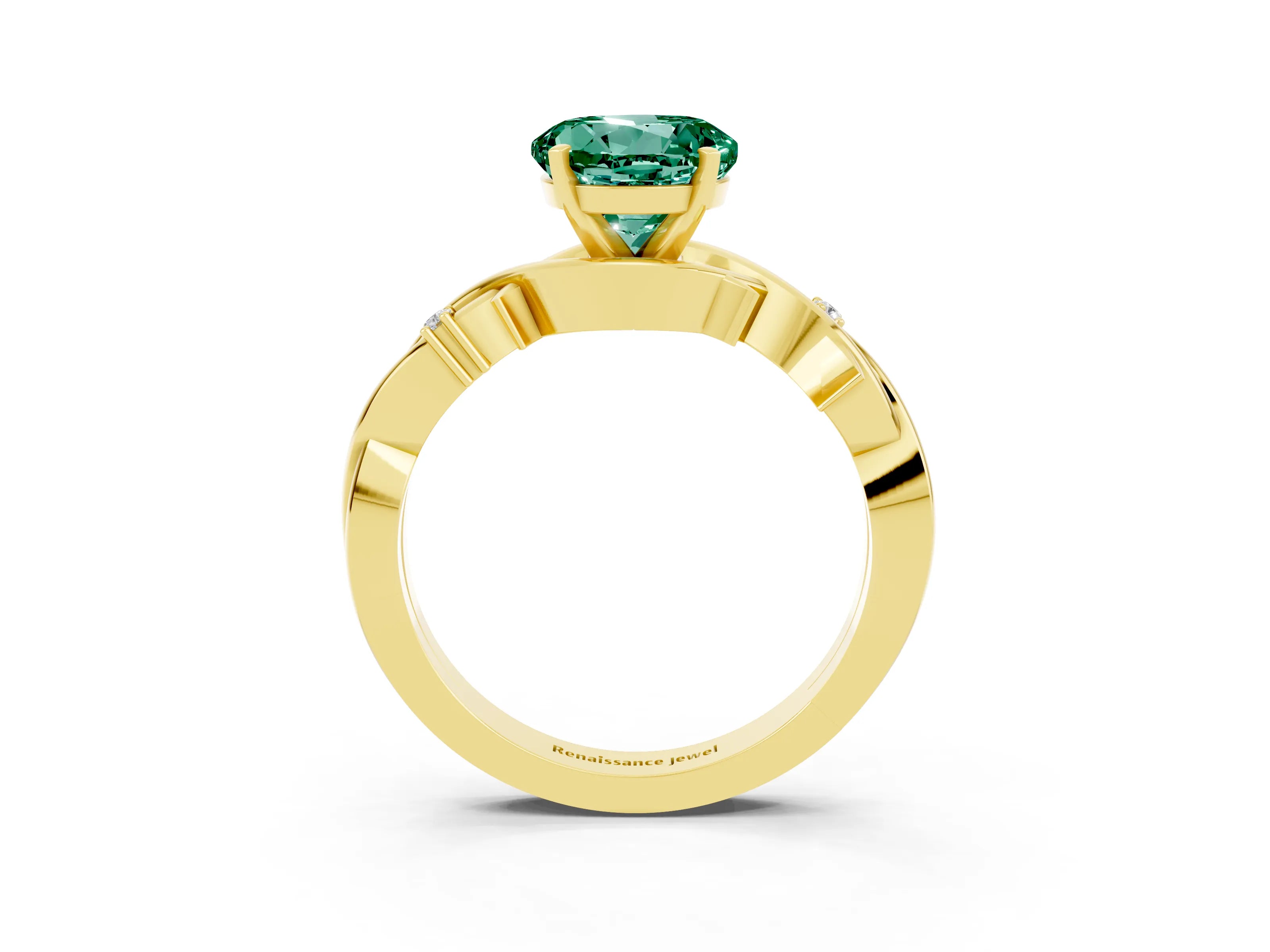 Yellow gold Round Cut Green Sapphire Solitaire Ring with Twisted Band and Prong Setting_3