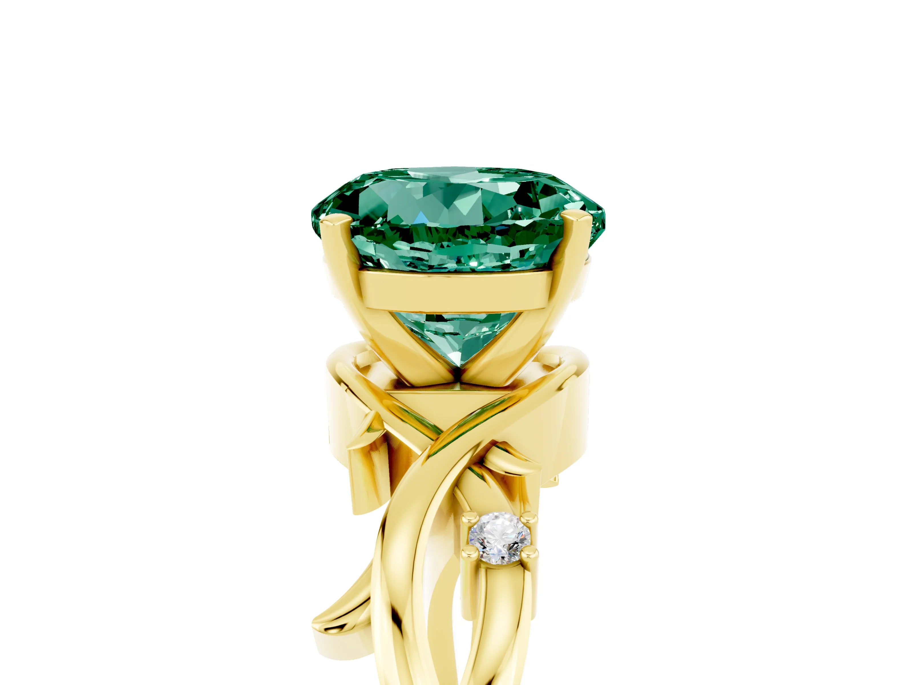 Yellow gold Round Cut Green Sapphire Solitaire Ring with Twisted Band and Prong Setting_5