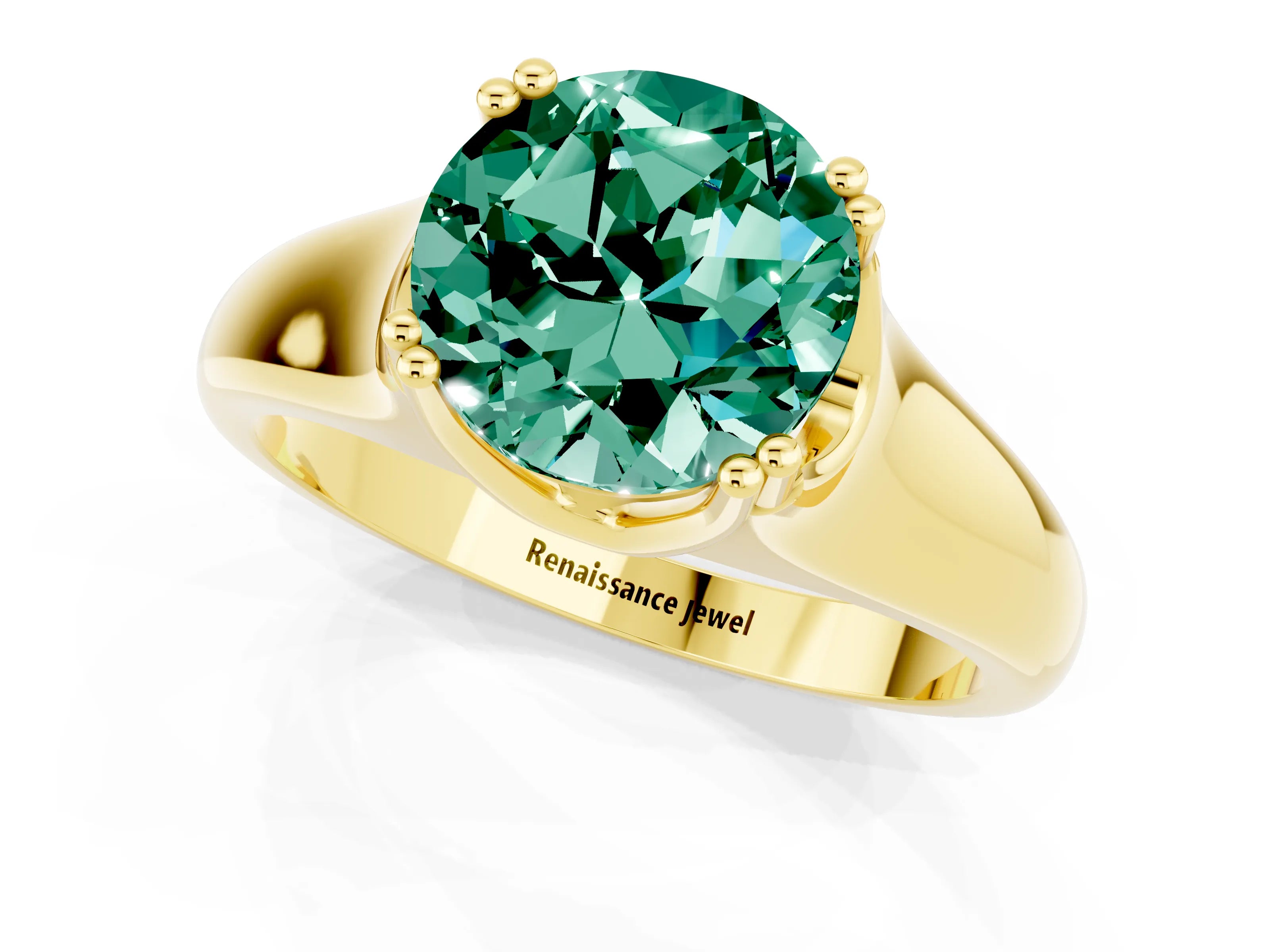 Yellow gold Round Cut Green Sapphire Solitaire Ring with Wide Band and Prong Setting_1