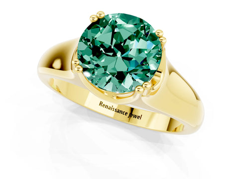 Yellow gold Round Cut Green Sapphire Solitaire Ring with Wide Band and Prong Setting_1