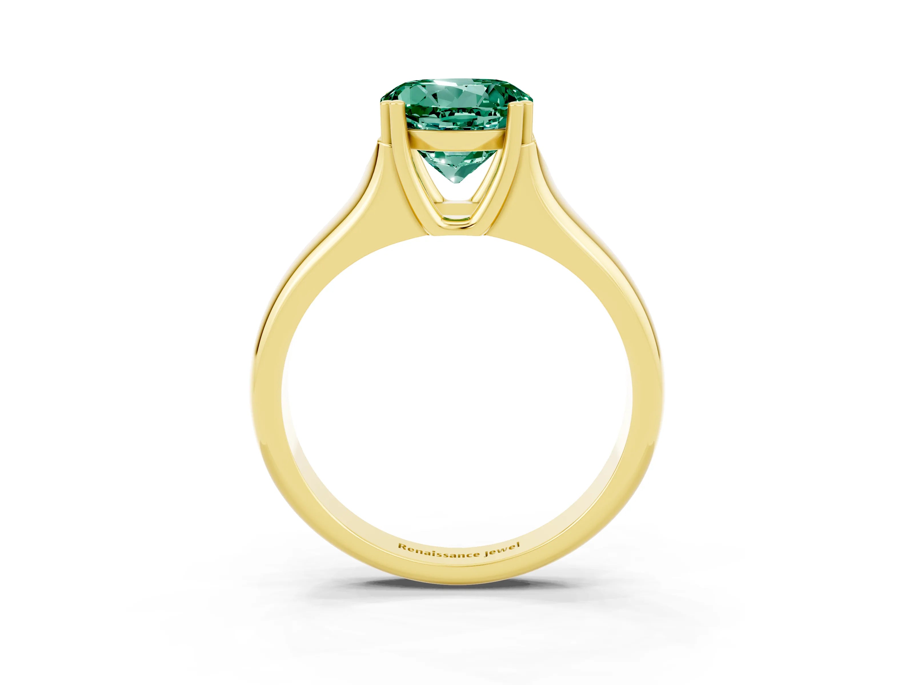 Yellow gold Round Cut Green Sapphire Solitaire Ring with Wide Band and Prong Setting_3