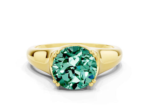 Yellow gold Round Cut Green Sapphire Solitaire Ring with Wide Band and Prong Setting