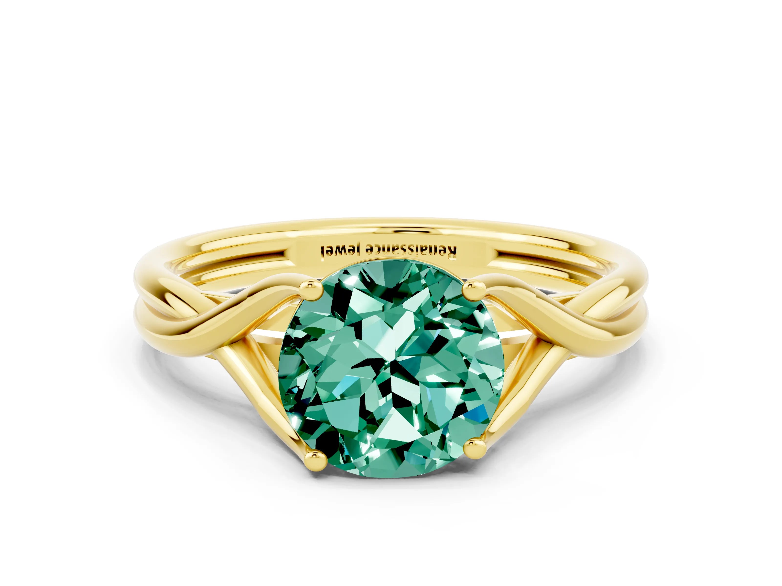 Yellow gold Round Cut Green Sapphire Solitaire Twist Band Prong Setting Ring_47