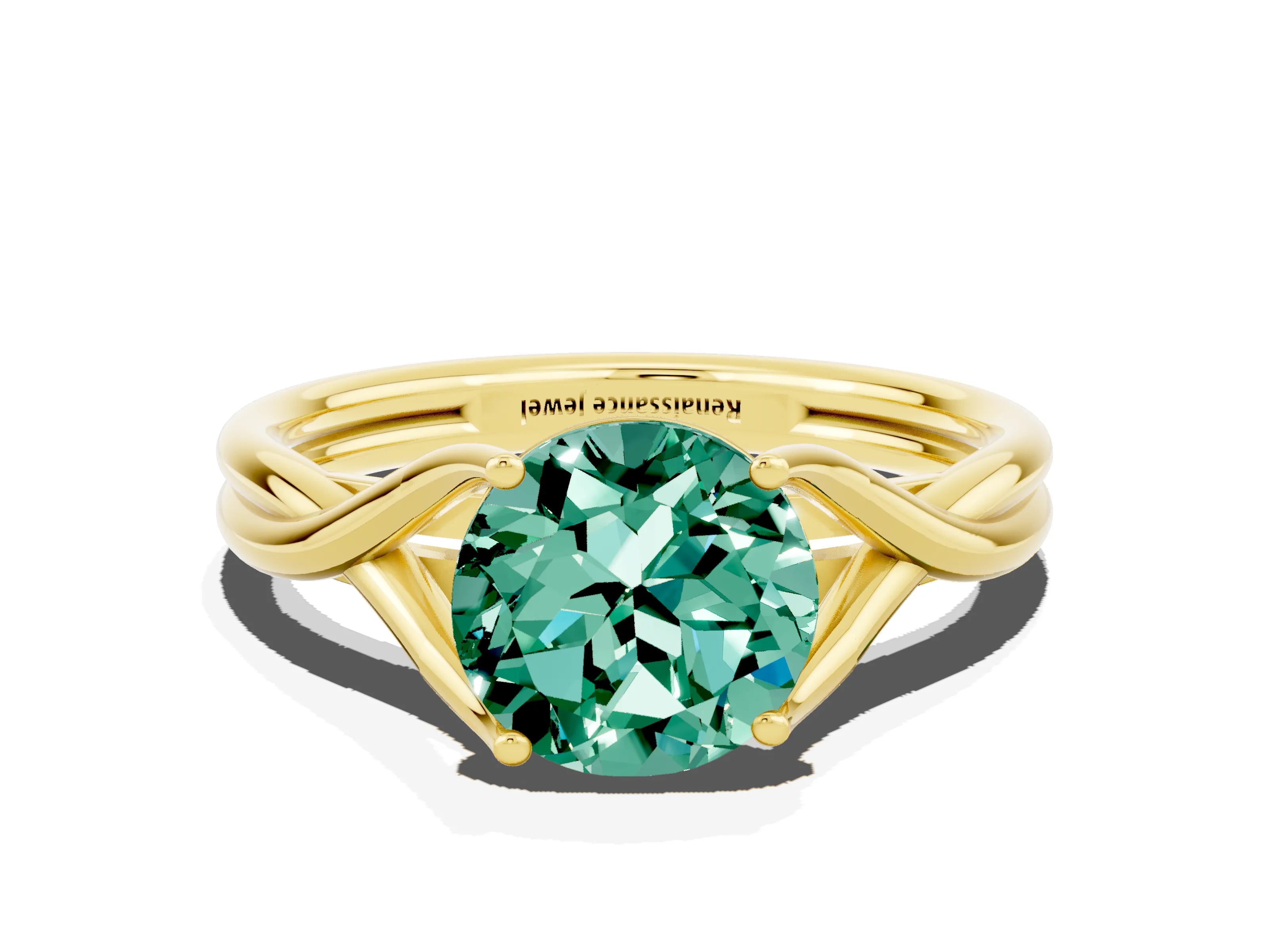 Yellow gold Round Cut Green Sapphire Solitaire Twist Band Prong Setting Ring_59