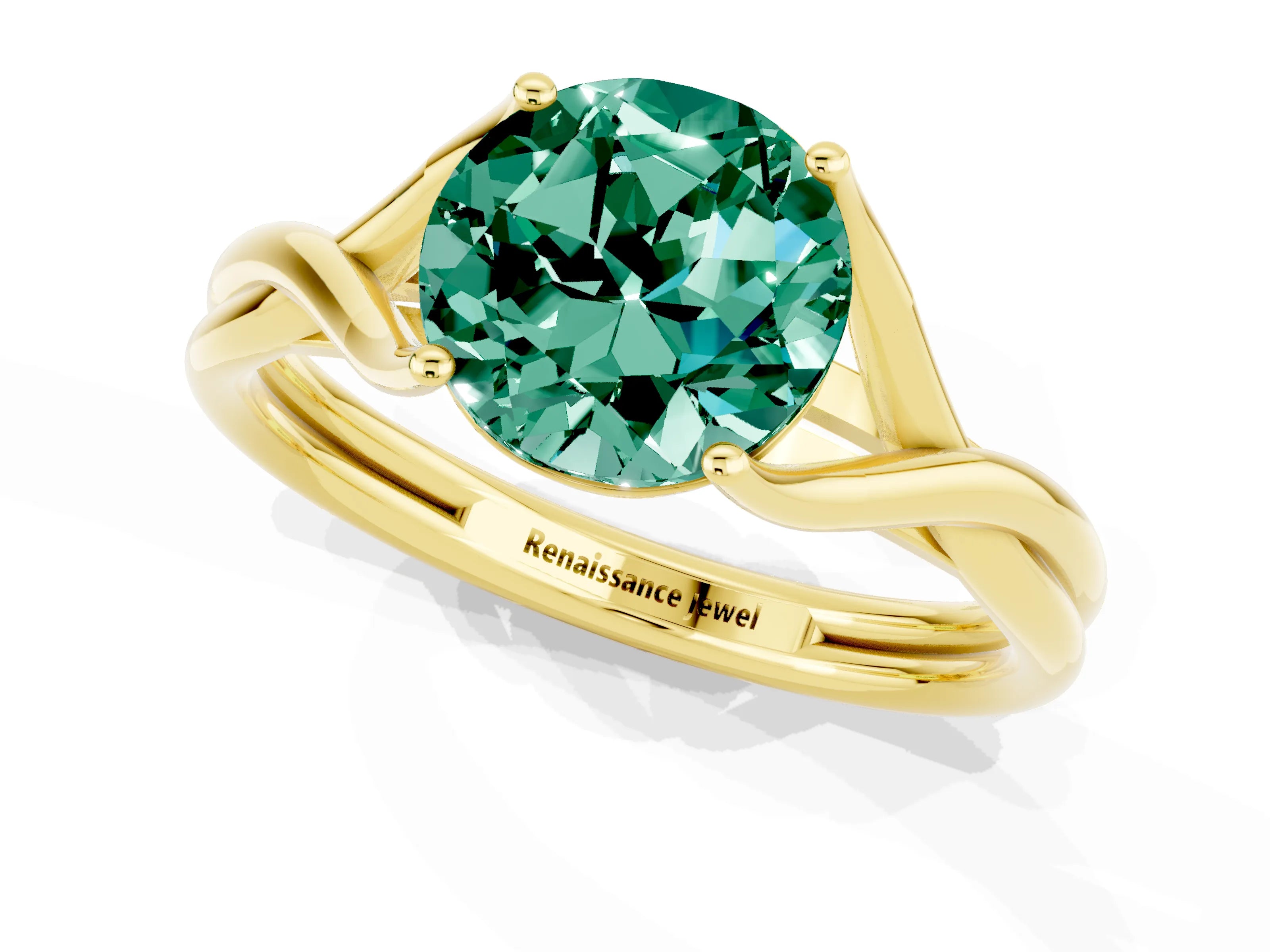 Yellow gold Round Cut Green Sapphire Solitaire Twist Band Prong Setting Ring_60
