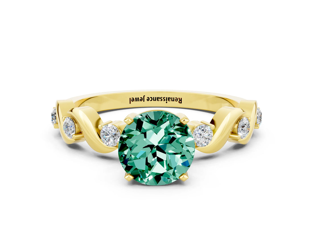 Yellow gold Round Cut Green Sapphire Solitaire Twisted Band with Round  Accents and Prong Setting_12