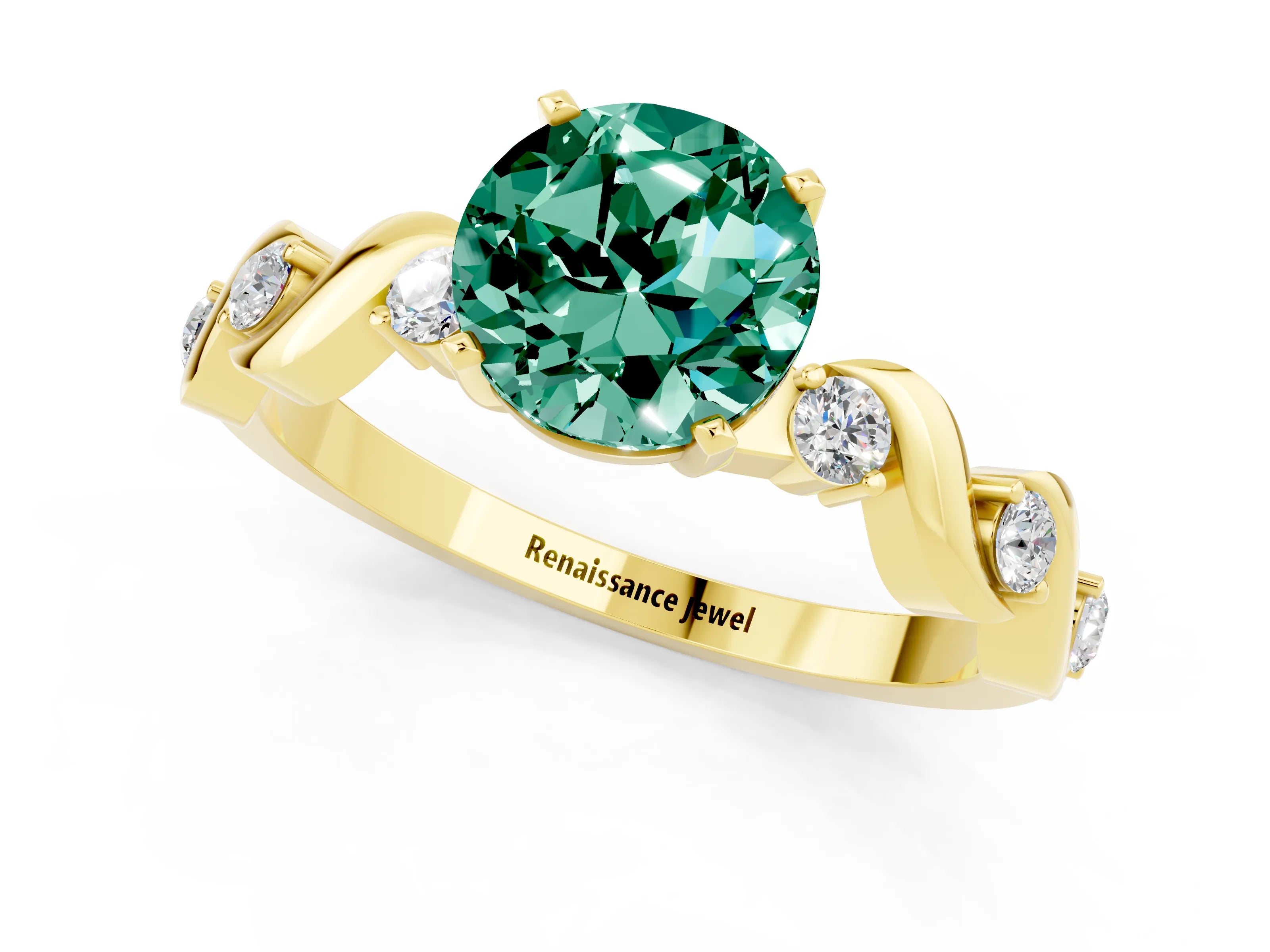 Yellow gold Round Cut Green Sapphire Solitaire Twisted Band with Round  Accents and Prong Setting_13