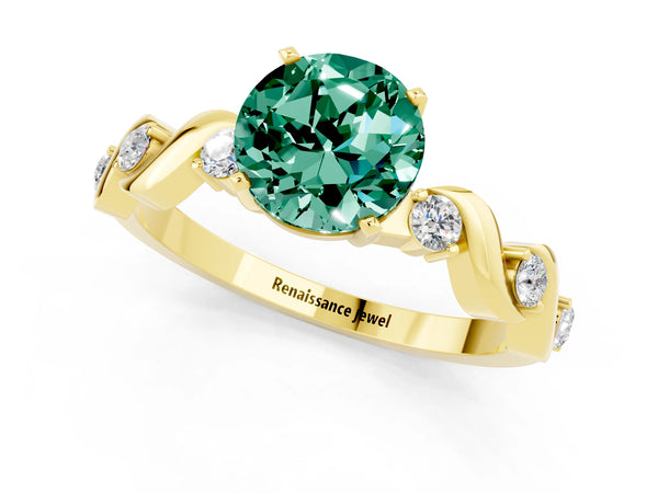 Yellow gold Round Cut Green Sapphire Solitaire Twisted Band with Round  Accents and Prong Setting