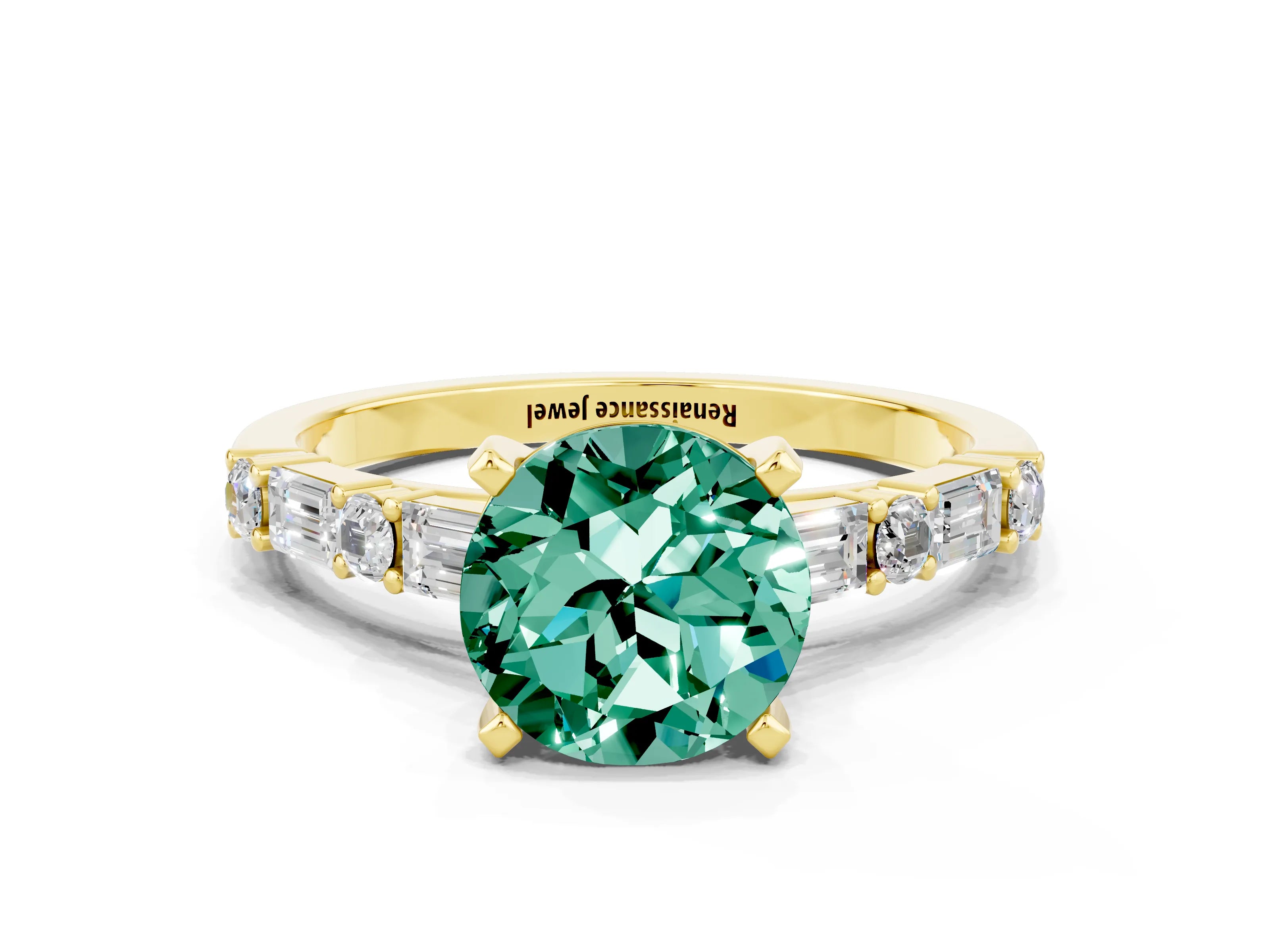 Yellow gold Round Cut Green Sapphire Solitaire with Side Baguettes and Channel Set Band
