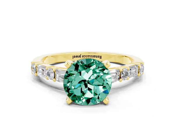 Yellow gold Round Cut Green Sapphire Solitaire with Side Baguettes and Channel Set Band