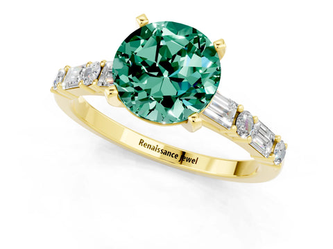 Yellow gold Round Cut Green Sapphire Solitaire with Side Baguettes and Channel Set Band_1