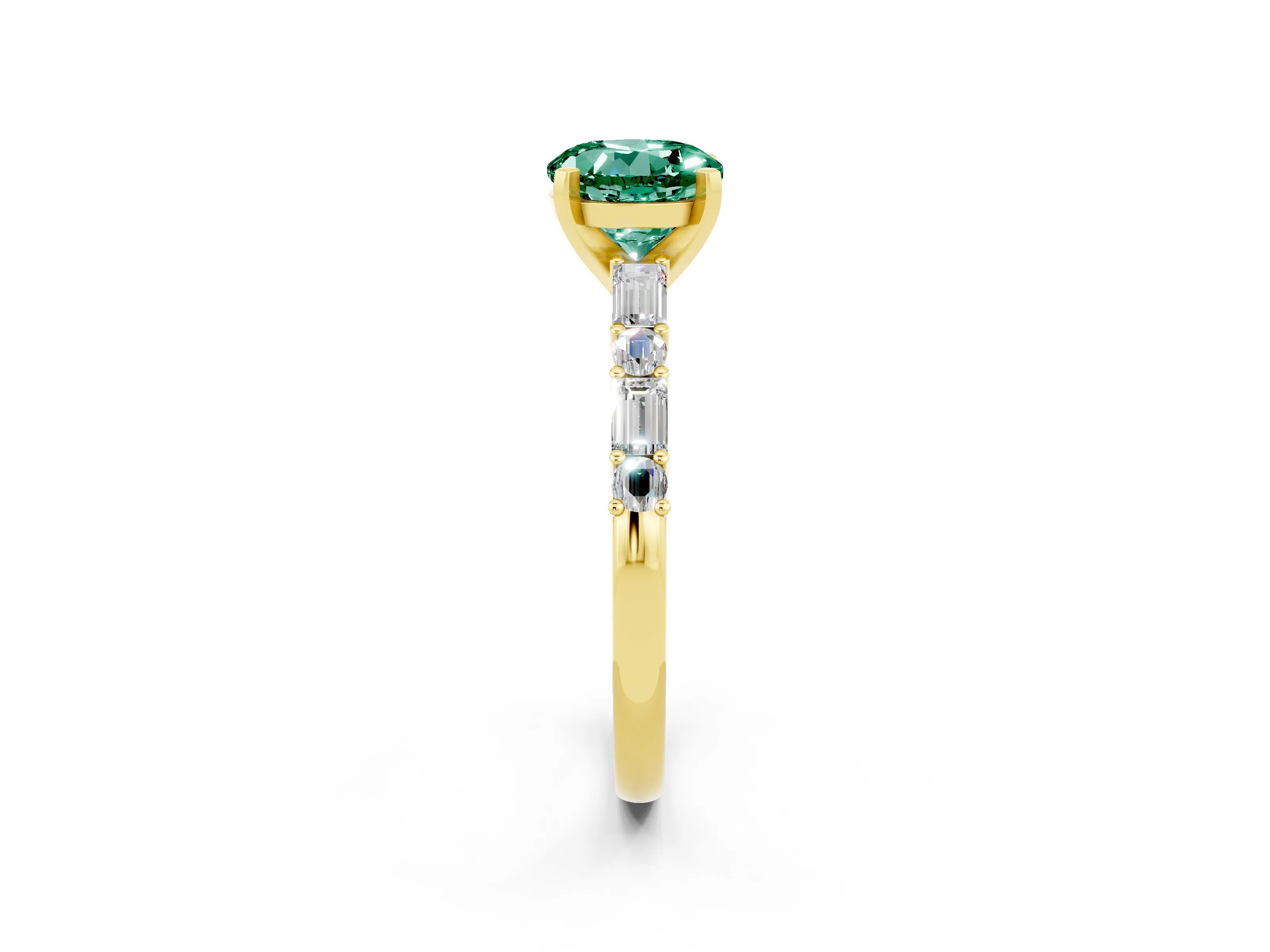 Yellow gold Round Cut Green Sapphire Solitaire with Side Baguettes and Channel Set Band_2