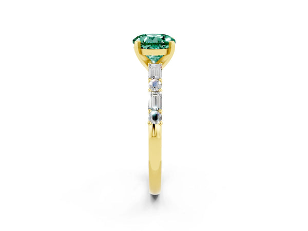 Yellow gold Round Cut Green Sapphire Solitaire with Side Baguettes and Channel Set Band