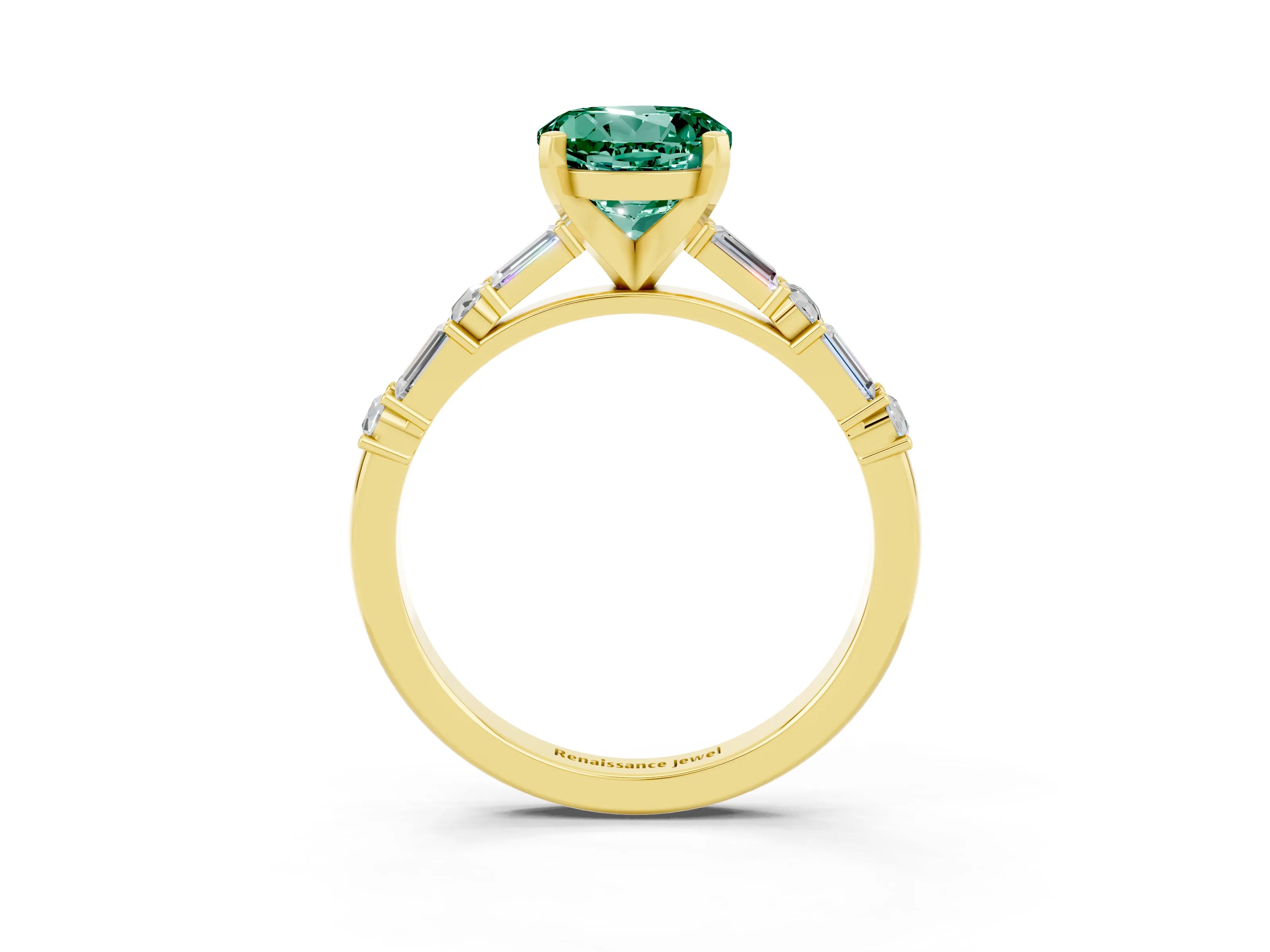Yellow gold Round Cut Green Sapphire Solitaire with Side Baguettes and Channel Set Band_3