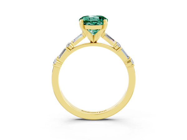 Yellow gold Round Cut Green Sapphire Solitaire with Side Baguettes and Channel Set Band