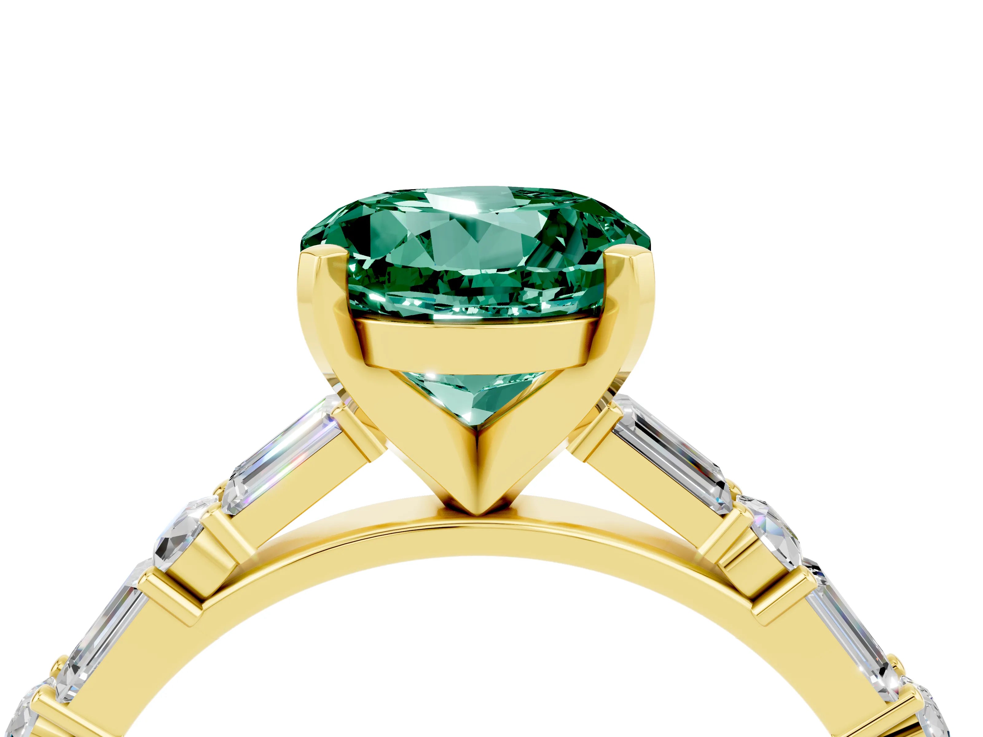 Yellow gold Round Cut Green Sapphire Solitaire with Side Baguettes and Channel Set Band_4