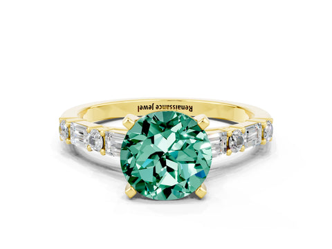Yellow gold Round Cut Green Sapphire Solitaire with Side Baguettes and Channel Set Band