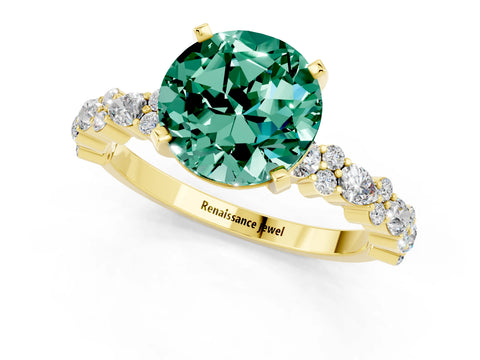 Yellow gold Round Cut Green Sapphire Solitaire with Side Stones, Pave Band, Four-Prong Setting_13