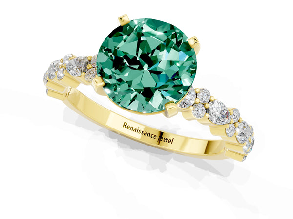 Yellow gold Round Cut Green Sapphire Side Stone Solitaire Ring with Round  and Four-Prong Setting