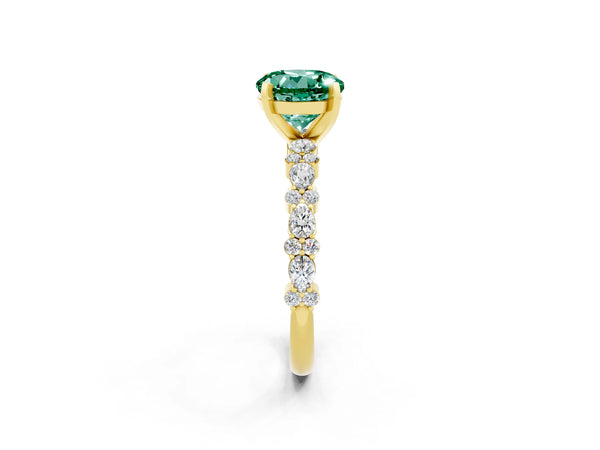 Yellow gold Round Cut Green Sapphire Side Stone Solitaire Ring with Round  and Four-Prong Setting