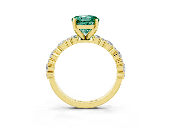 Yellow gold Round Cut Green Sapphire Side Stone Solitaire Ring with Round  and Four-Prong Setting