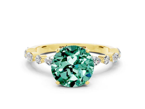 Yellow gold Round Cut Green Sapphire Ring with Marquise and Round  Side Stones and Four-Prong Setting