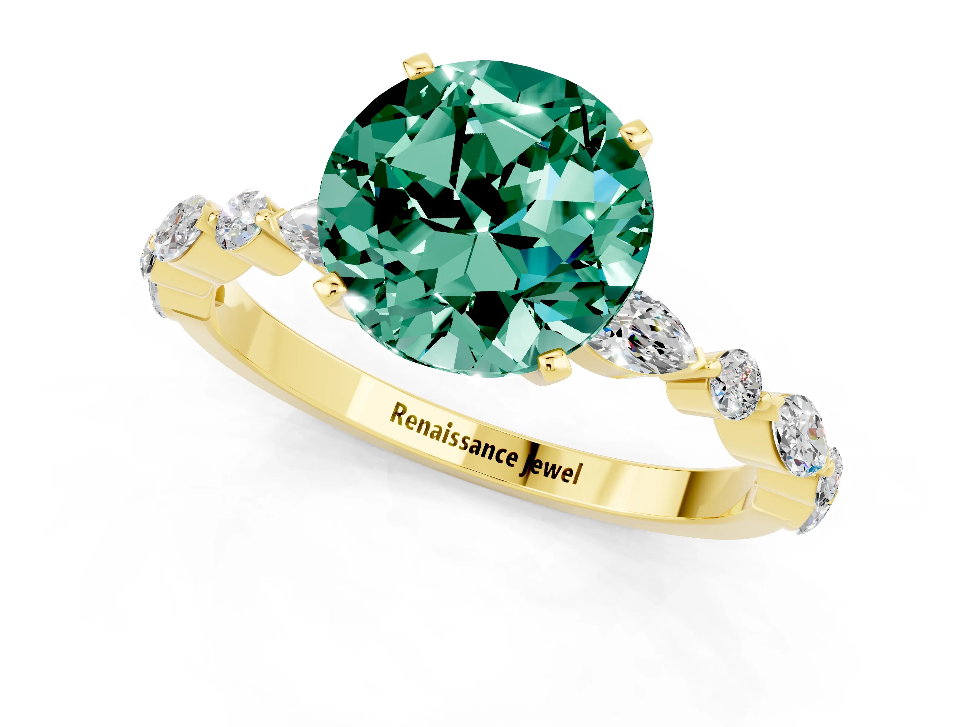 Yellow gold Round Cut Green Sapphire Solitaire with Side Stones on a Pavé Band and Four-Prong Setting_1