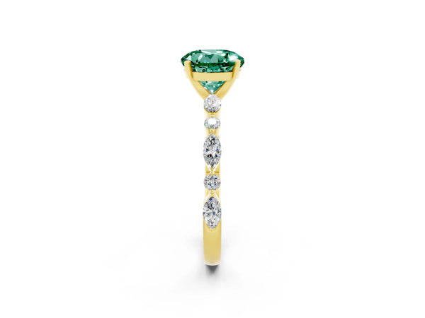 Yellow gold Round Cut Green Sapphire Ring with Marquise and Round  Side Stones and Four-Prong Setting
