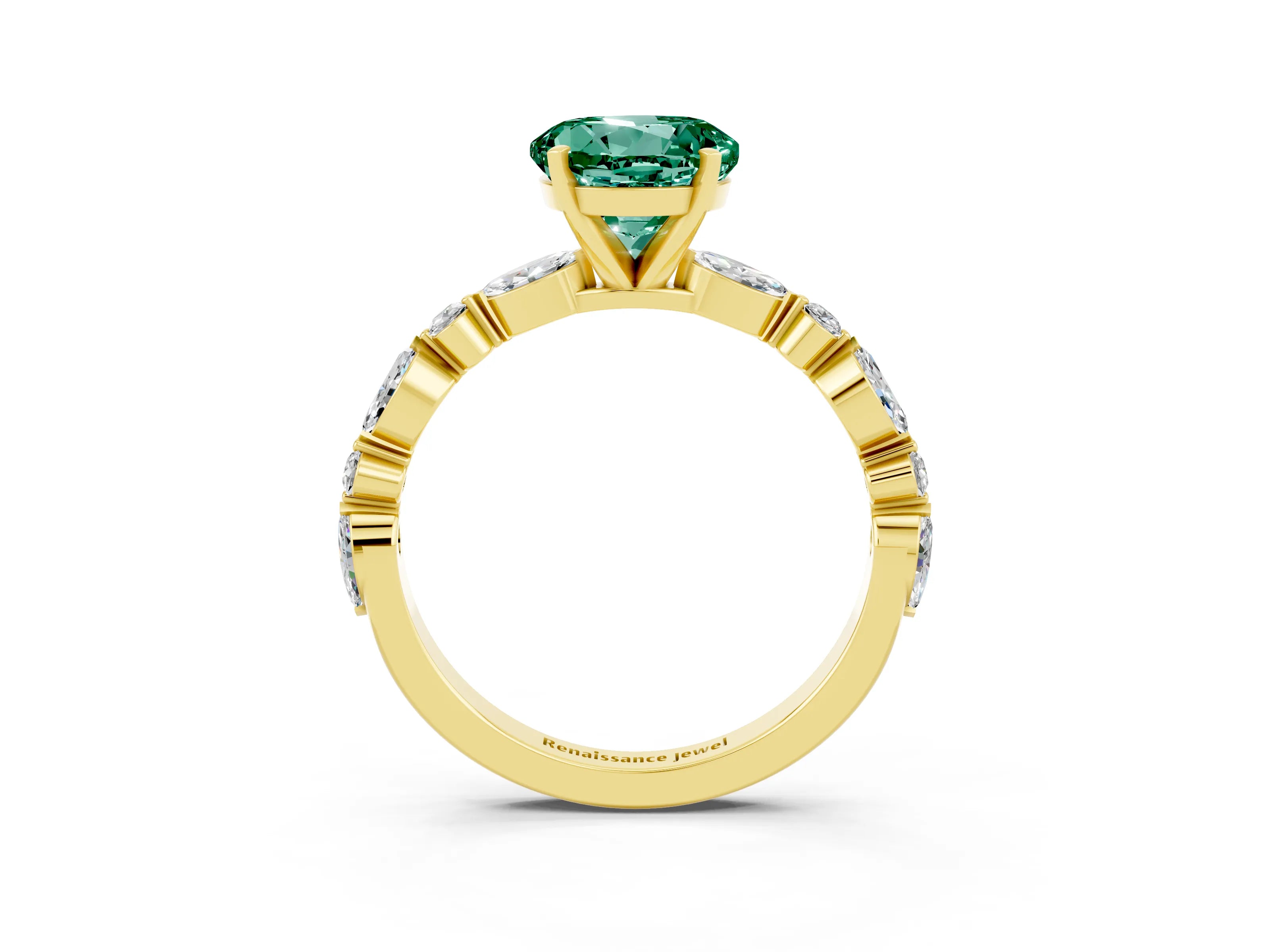 Yellow gold Round Cut Green Sapphire Solitaire with Side Stones on a Pavé Band and Four-Prong Setting_3
