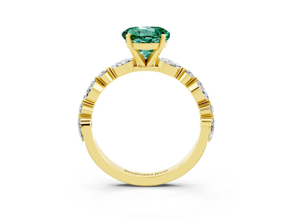 Yellow gold Round Cut Green Sapphire Ring with Marquise and Round  Side Stones and Four-Prong Setting
