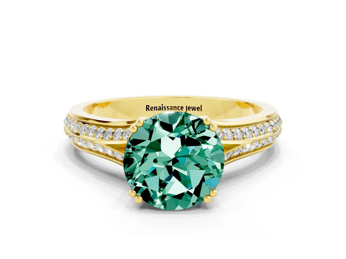 Yellow gold Round Cut Green Sapphire Split Shank Engagement Ring with Pavé Band