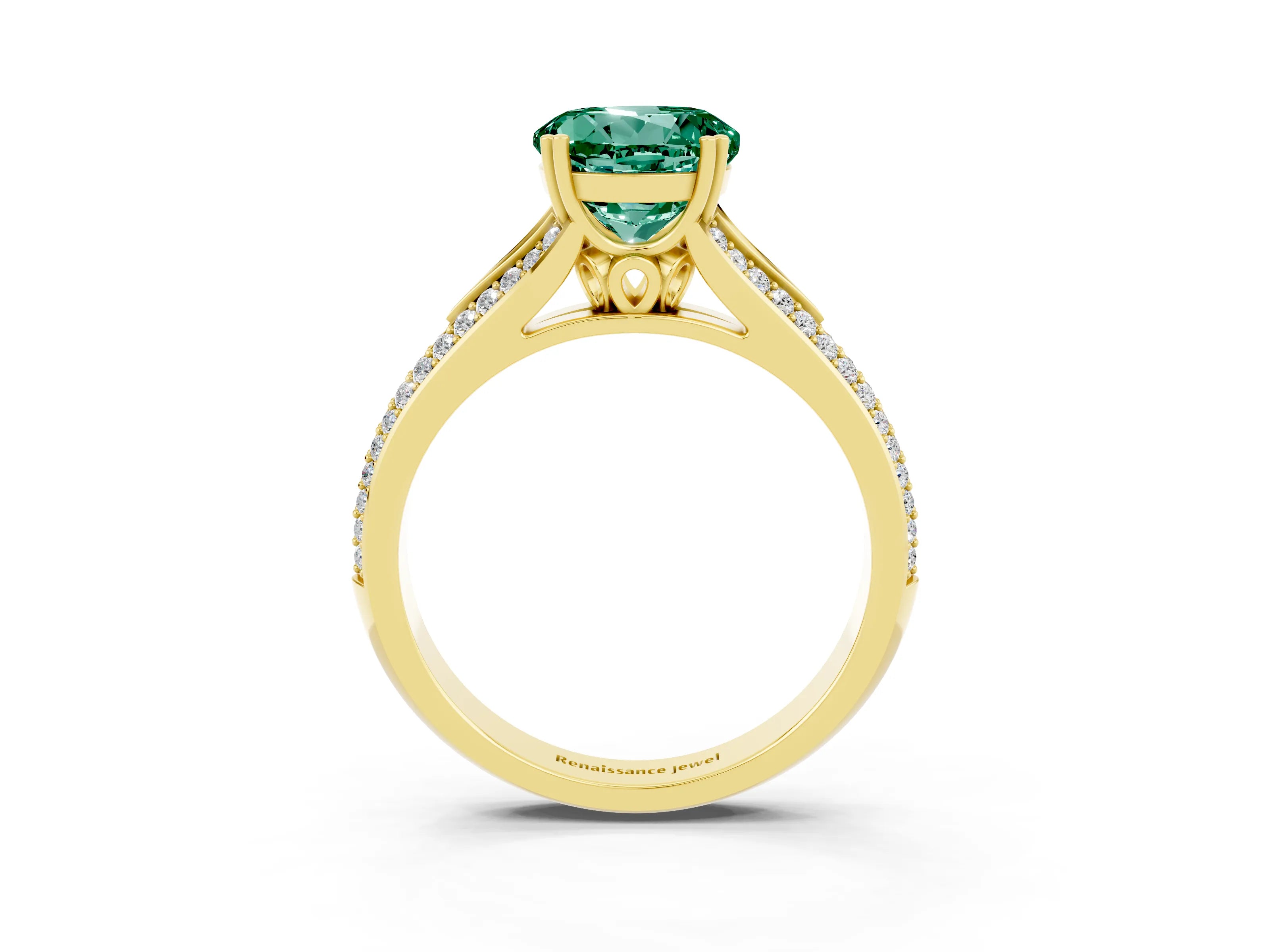Yellow gold Round Cut Green Sapphire Split Shank Engagement Ring with Pavé Band_3