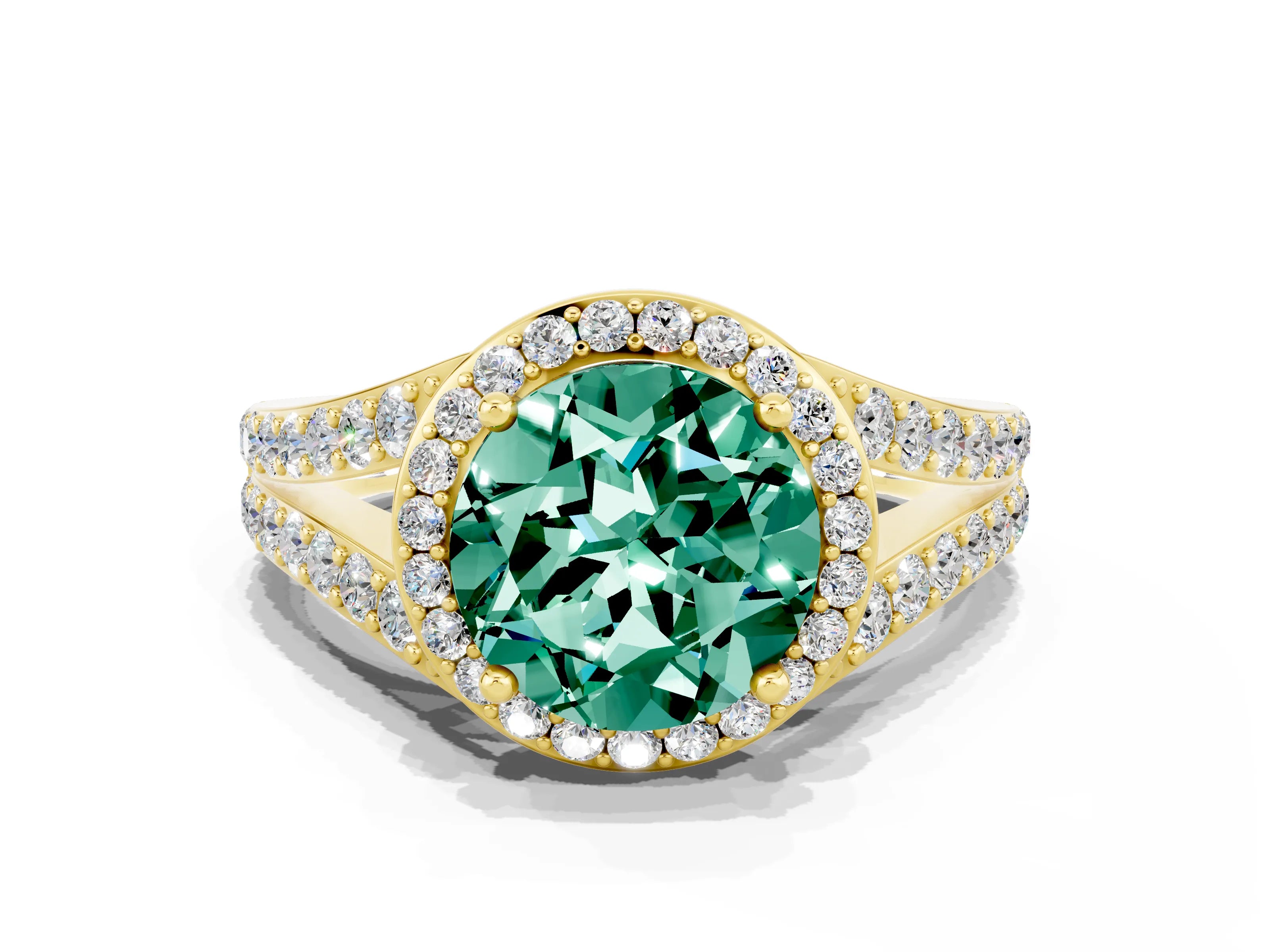 Yellow gold Round Cut Green Sapphire Split Shank Halo Ring with Four-Prong Setting_12