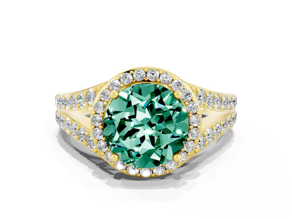 Yellow gold Round Cut Green Sapphire Split Shank Halo Ring with Four-Prong Setting