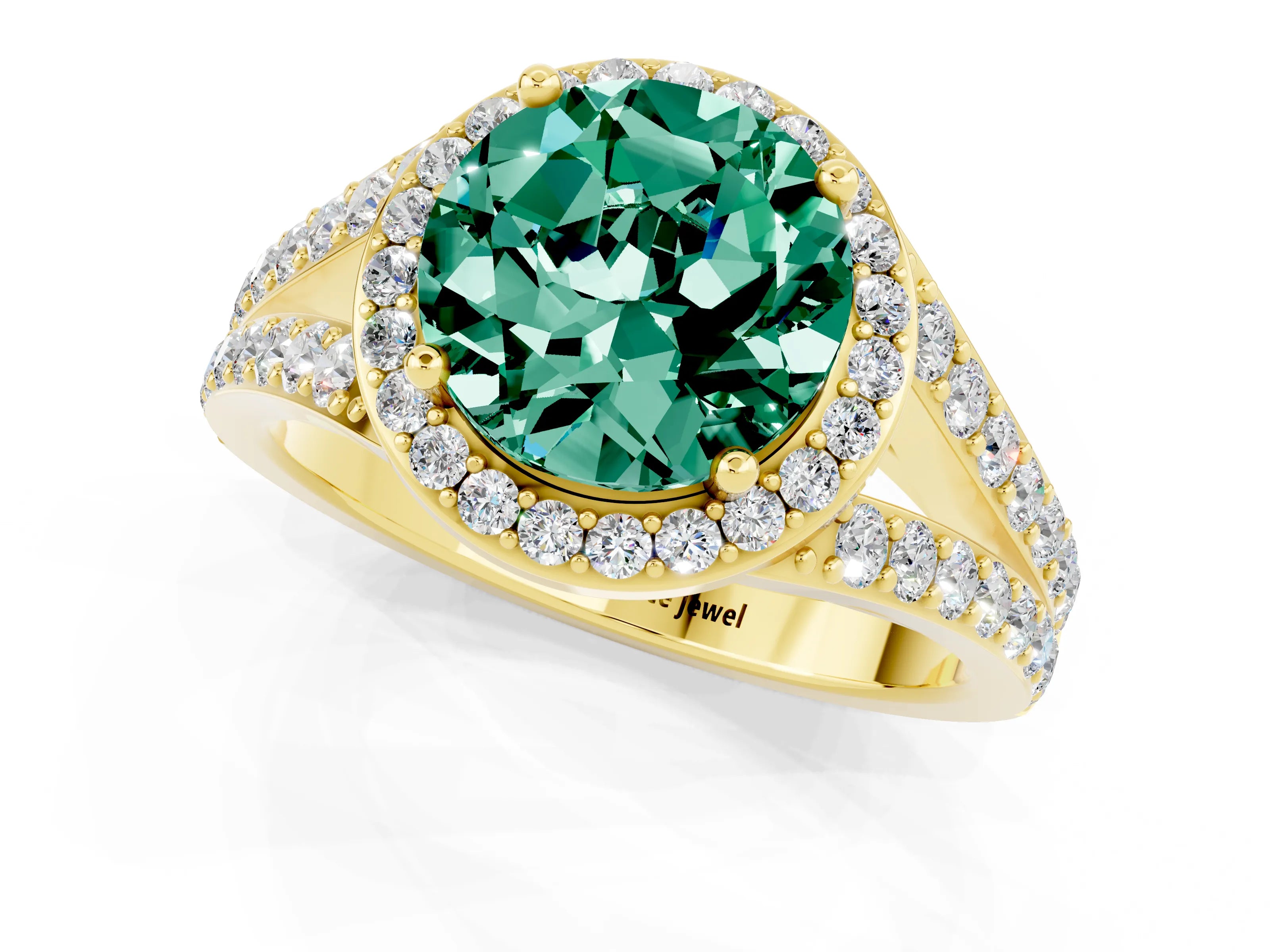 Yellow gold Round Cut Green Sapphire Split Shank Halo Ring with Four-Prong Setting_13