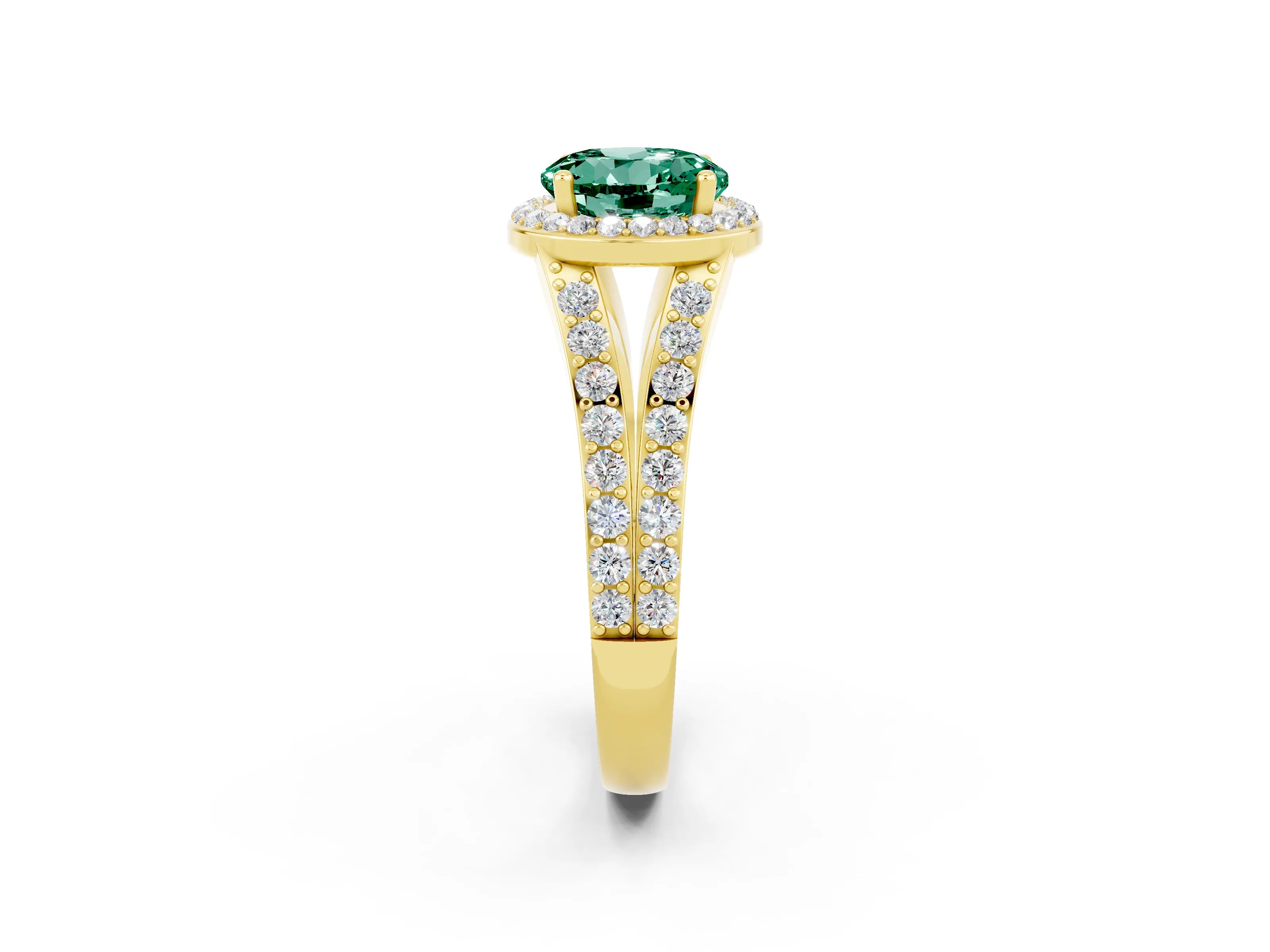 Yellow gold Round Cut Green Sapphire Split Shank Halo Ring with Four-Prong Setting_14