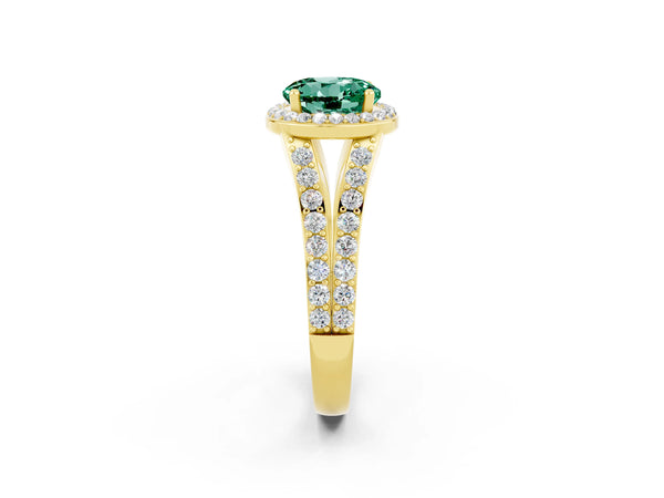 Yellow gold Round Cut Green Sapphire Split Shank Halo Ring with Four-Prong Setting