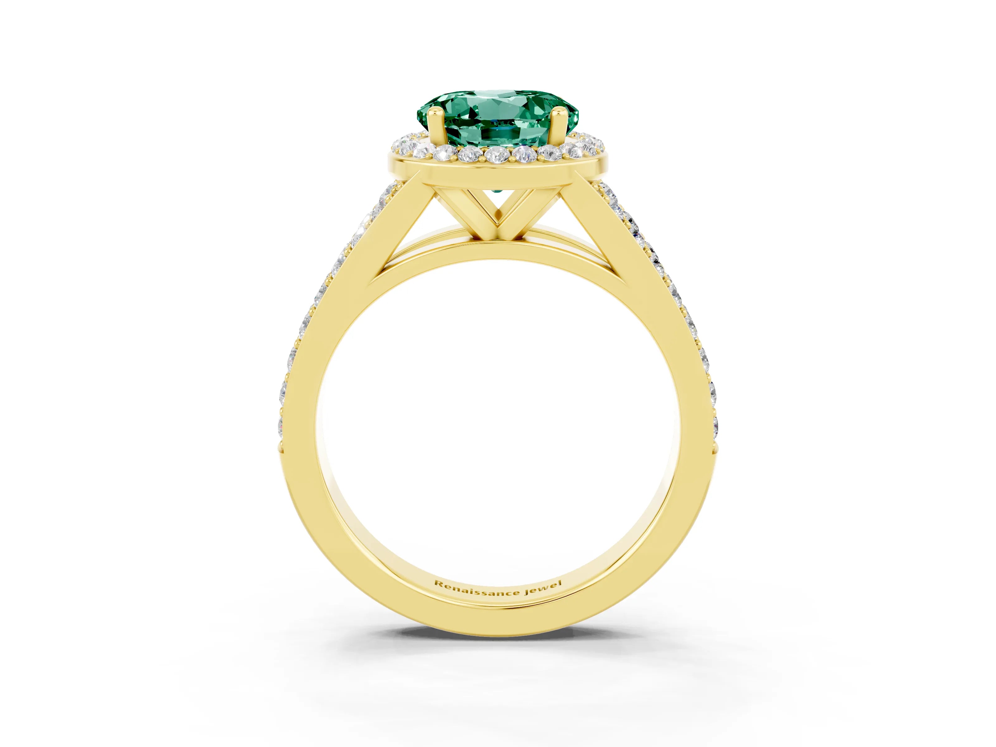 Yellow gold Round Cut Green Sapphire Split Shank Halo Ring with Four-Prong Setting_15