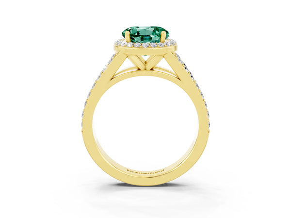 Yellow gold Round Cut Green Sapphire Split Shank Halo Ring with Four-Prong Setting