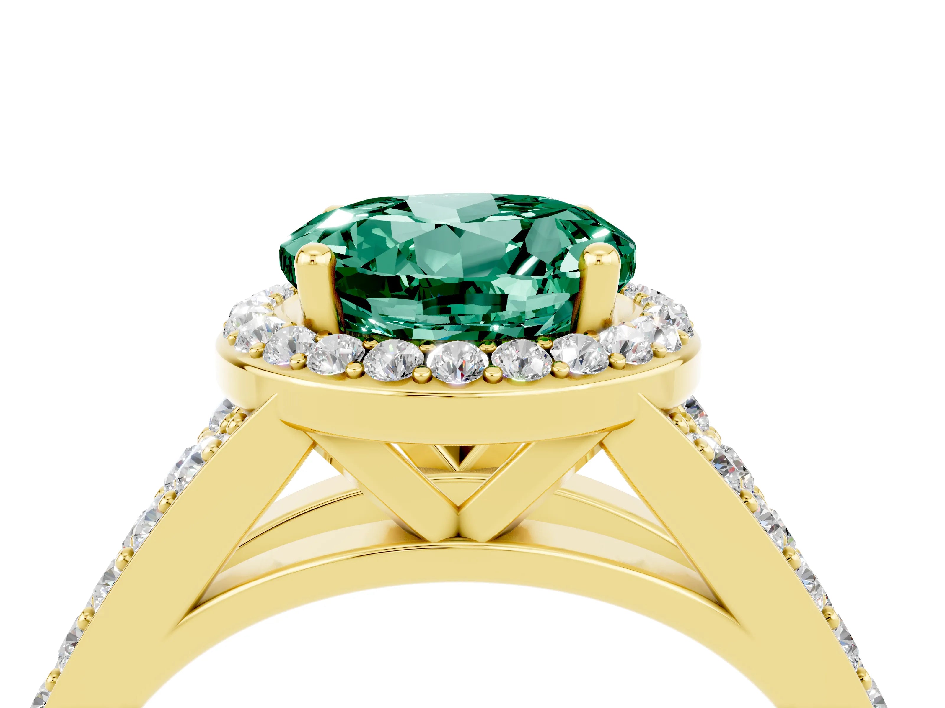 Yellow gold Round Cut Green Sapphire Split Shank Halo Ring with Four-Prong Setting_16